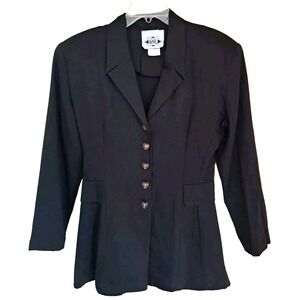 Womens GSL Blazer Jacket Size Med Black w/Heart Shaped Buttons Shoulder Pads Vtg